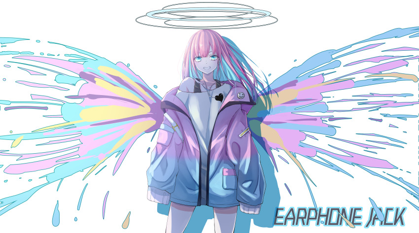 1girl absurdres angel angel_wings bare_legs black_undershirt blue_eyes blue_hair blue_halo colored_inner_hair commentary copyright_request earbuds earphones english_commentary english_text halo heart highres jacket light_blue_hair light_blue_jacket long_hair long_sleeves looking_at_viewer mnetyara multicolored_hair multicolored_wings open_clothes open_jacket original pink_hair pink_jacket shirt single_bare_shoulder sleeves_past_fingers sleeves_past_wrists smile solo standing white_shirt wings