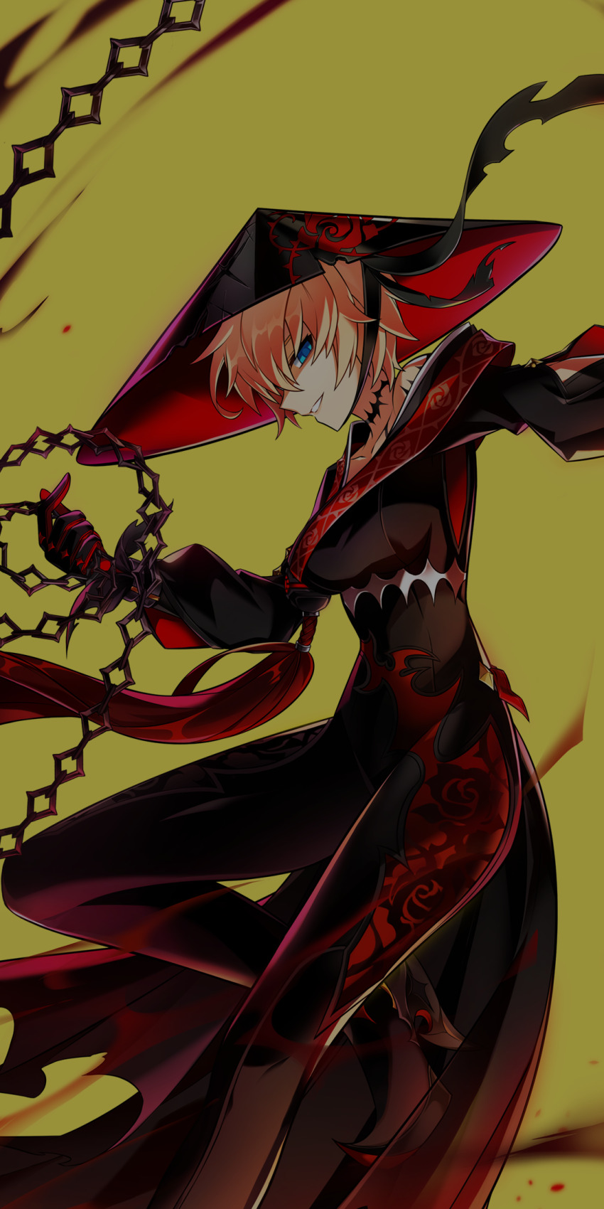 1girl black_boots black_gloves black_hanfu black_hat black_pants blonde_hair blue_eyes boots chain chinese_clothes elsword floral_print foot_out_of_frame gloves hanfu hat high_heel_boots high_heels highres hwansang leg_up light_particles long_sleeves neck_tattoo official_art pants parted_lips red_hat rose_(elsword) rose_print second-party_source shaded_face short_hair simple_background smirk smug solo tattoo teeth two-sided_fabric two-sided_headwear weimao yellow_background
