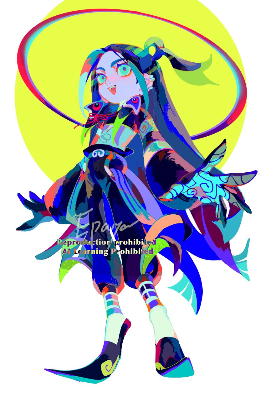 1boy absurdres chinese_clothes color_guide earrings epaya_hakase eyeshadow fate/grand_order fate_(series) full_body gloves hair_rings halo highres jewelry large_hands long_hair long_sleeves makeup male_focus multicolored_eyes red_eyeshadow smile taisui_xingjun_(fate) tooth_earrings