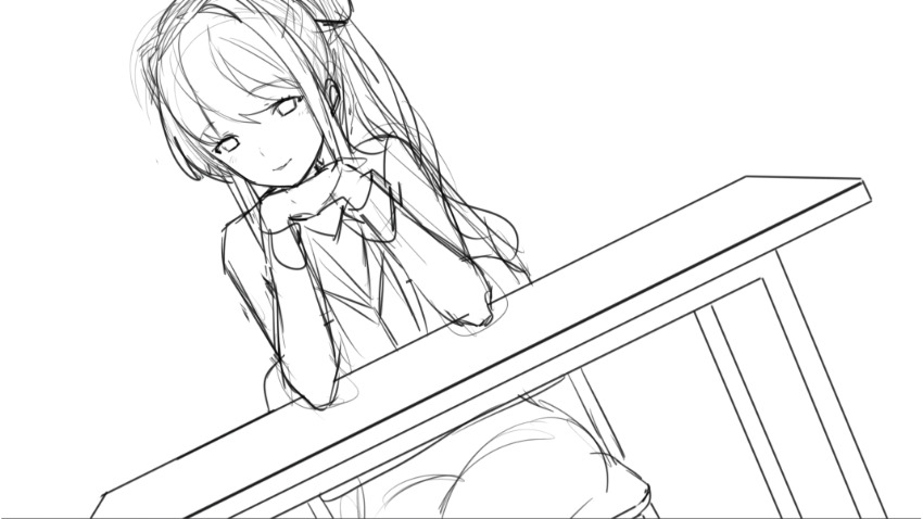 1girl blazer blush bow chair commentary cowboy_shot doki_doki_literature_club doki_doki_literature_club doki_doki_literature_club_school_uniform dot_nose dutch_angle elbow_rest elbows_on_table english_commentary game_cg greyscale hair_bow hair_intakes half-closed_eyes head_on_hand head_on_hands high_ponytail highres interlocked_fingers jacket leaning_forward legs_together long_eyelashes long_hair long_sidelocks long_sleeves looking_at_viewer monochrome non-web_source official_art ponytail pov_across_table production_art satchely school_uniform seductive_smile sidelocks simple_background sitting sketch smile solo straight-on sweater_vest swept_bangs table thick_eyelashes tsurime unfinished v-neck very_long_hair white_background