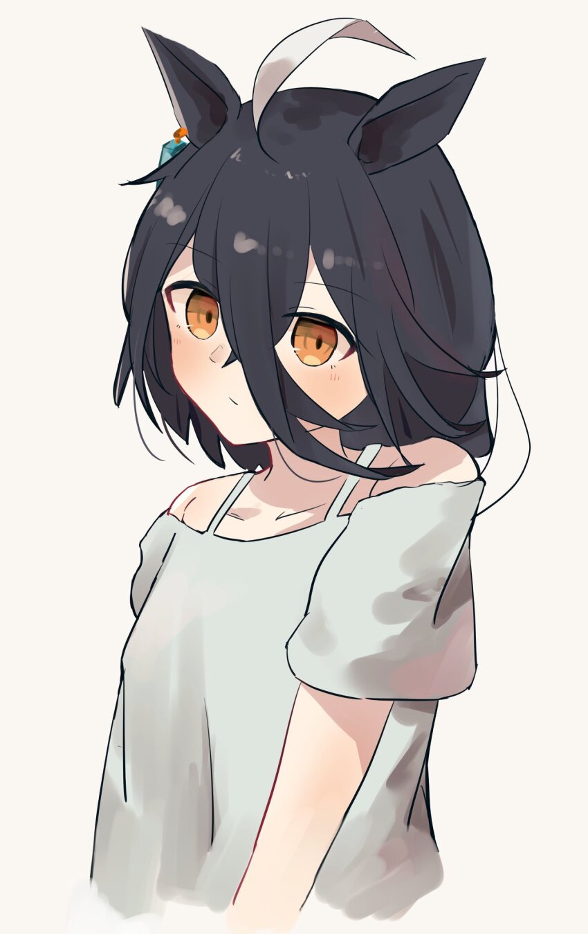 1girl ahoge animal_ears black_hair blush collarbone ear_ornament ear_tag earrings hair_between_eyes hair_strand highres horse_ears horse_girl izi_dw jewelry long_hair off-shoulder_shirt off_shoulder shirt sidelocks solo strap umamusume white_background white_shirt yellow_eyes