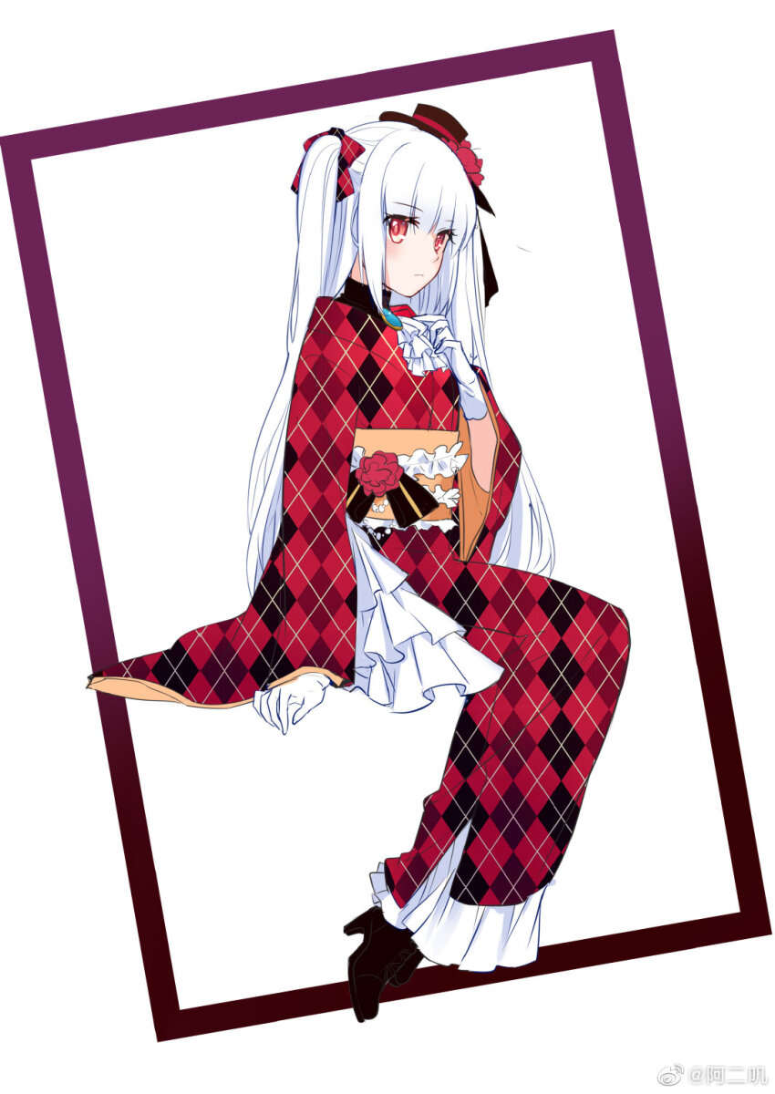 1girl aer_(tengqiu) black_boots blunt_bangs boots bow closed_mouth essex_(warship_girls_r) flower frills full_body gloves hair_ribbon hat high_heel_boots high_heels highres invisible_chair japanese_clothes kimono long_hair long_sleeves looking_at_viewer mini_hat mini_top_hat obi red_eyes red_kimono ribbon sash simple_background sitting skirt solo taishou top_hat twintails two_side_up very_long_hair warship_girls_r watermark weibo_watermark white_background white_gloves white_hair wide_sleeves