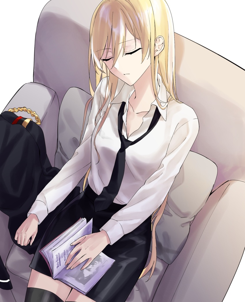 1girl adolf_hitler black_necktie black_skirt black_thighhighs blonde_hair book breasts closed_eyes coach collarbone girls&#039;_frontline hair_between_eyes highres jacket unworn_jacket long_hair military_jacket necktie shirt sitting skirt sleeping solo stg44_(girls&#039;_frontline) suprii thighhighs white_background white_shirt
