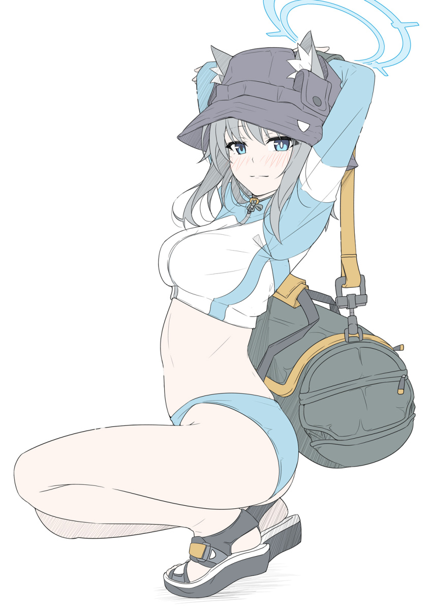 1girl animal_ear_fluff animal_ears arms_behind_head bag bikini black_hat black_sandals blue_archive blue_halo breasts closed_mouth cosplay duffel_bag ears_through_headwear flat_color grey_hair halo hat highres long_sleeves looking_at_viewer medium_breasts midriff multicolored_bikini official_alternate_costume saki_(blue_archive) saki_(blue_archive)_(cosplay) saki_(swimsuit)_(blue_archive) sandals shiroko_(blue_archive) simple_background solo squatting swimsuit t1kosewad thighs two-tone_bikini white_background