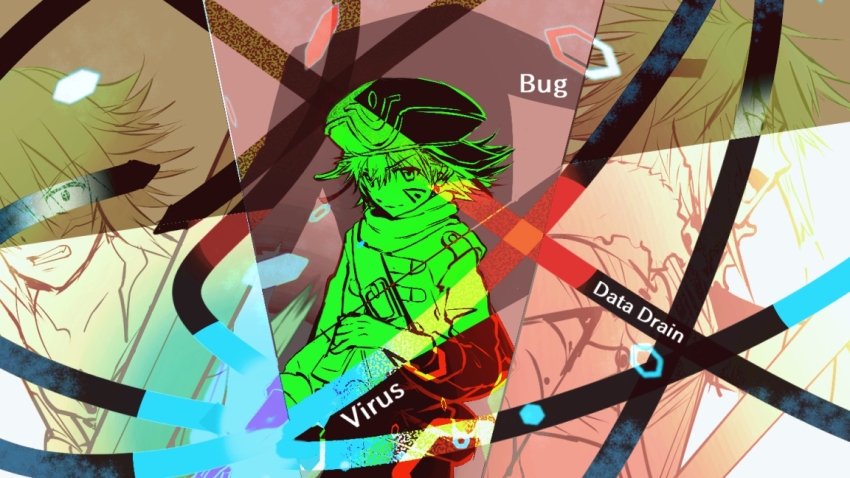 .hack// .hack//games 1girl 2boys balmung_(.hack//) black_rose_(.hack//) commentary_request cowboy_shot cut-in energy english_text facial_mark flipped_hair hat hexagon holding holding_sword holding_weapon kite_(.hack//) looking_at_viewer multiple_boys partially_colored shoochiku_bai short_hair shoulder_belt sword weapon