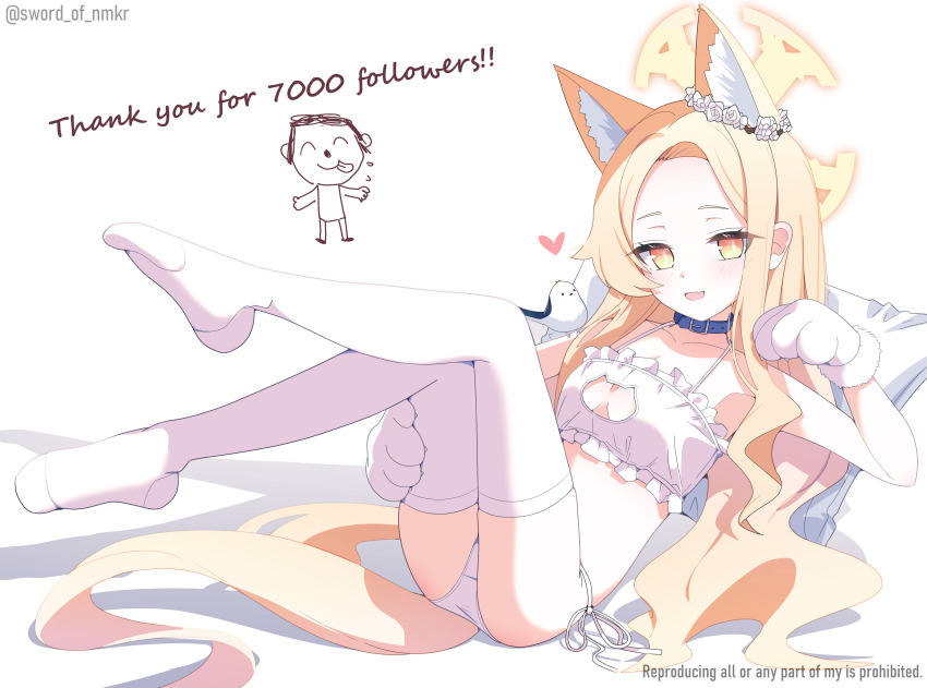 1girl absurdres animal_collar animal_ear_fluff animal_ears animal_hands bare_shoulders belt_collar bird blonde_hair blue_archive blue_collar blush breasts camisole cat_cutout cat_paws cleavage_cutout clothing_cutout collar commentary_request cross_halo doodle_sensei_(blue_archive) extra_ears forehead fox_ears fox_girl frilled_camisole frills gloves gradient_eyes hair_ornament halo heart highres loli long_hair looking_at_viewer multicolored_eyes murasame_(sword_of_nmkr) open_mouth panties paw_gloves seia_(blue_archive) sensei_(blue_archive) side-tie_panties simple_background smile thighhighs tit_(bird) underwear white_bird white_camisole white_thighhighs yellow_eyes yellow_halo