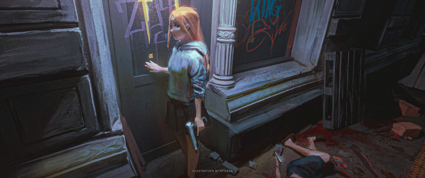 2girls absurdres black_skirt blood blood_splatter blood_on_clothes blood_on_hands blue_eyes city copyright_request corpse death faiz_azhar finger_on_trigger graffiti gun handgun highres holding holding_gun holding_phone holding_weapon hood hoodie loafers multiple_girls murder night orange_hair outdoors phone pistol scenery shoes skirt sleeves_pushed_up storefront violence wall weapon