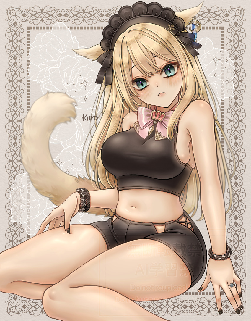 1girl absurdres animal_ears aqua_eyes black_nails black_shirt black_shoes blonde_hair border bow bowtie bracelet breasts brown_border cat_ears cat_girl cat_tail commentary_request commission crescent crescent_earrings cropped_shirt cross-laced_slit earrings feet_out_of_frame final_fantasy final_fantasy_xiv flower grey_background hand_on_own_thigh head_tilt highres jewelry kuro11_222 large_breasts long_hair maid_headdress midriff miqo&#039;te multiple_bracelets navel pink_bow plump ring shirt shoes sideboob single_earring sitting skeb_commission skindentation sleeveless sleeveless_shirt slit_pupils solo tail warrior_of_light_(ff14)