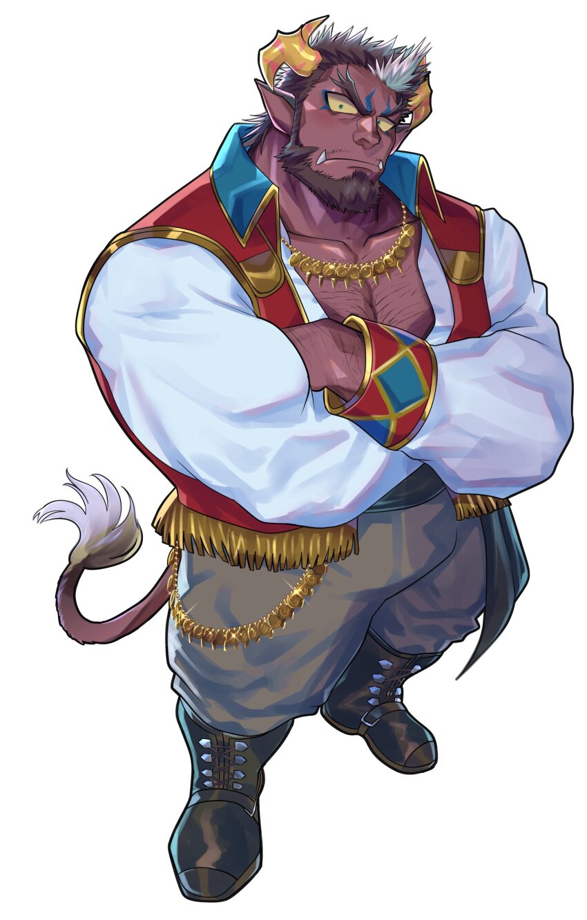 1boy absurdres animal_ears another_eidos-r arm_hair bara beard biceps blue_eyeshadow blush brown_hair chest_hair collared_vest colored_sclera colored_skin crossed_arms demon_boy demon_horns eyeshadow facial_hair forked_eyebrows from_above gold_necklace green_eyes hairy head_tilt highres horns horse_boy horse_ears horse_tail jewelry large_pectorals makeup male_focus mature_male medium_hair muscular muscular_male mustache_stubble necklace partially_unbuttoned pectoral_cleavage pectorals pointy_ears purple_skin red_vest solo stalon_(another_eidos) stubble tail thick_eyebrows tusks vest white_background white_hair yakisoba_ohmori yellow_sclera