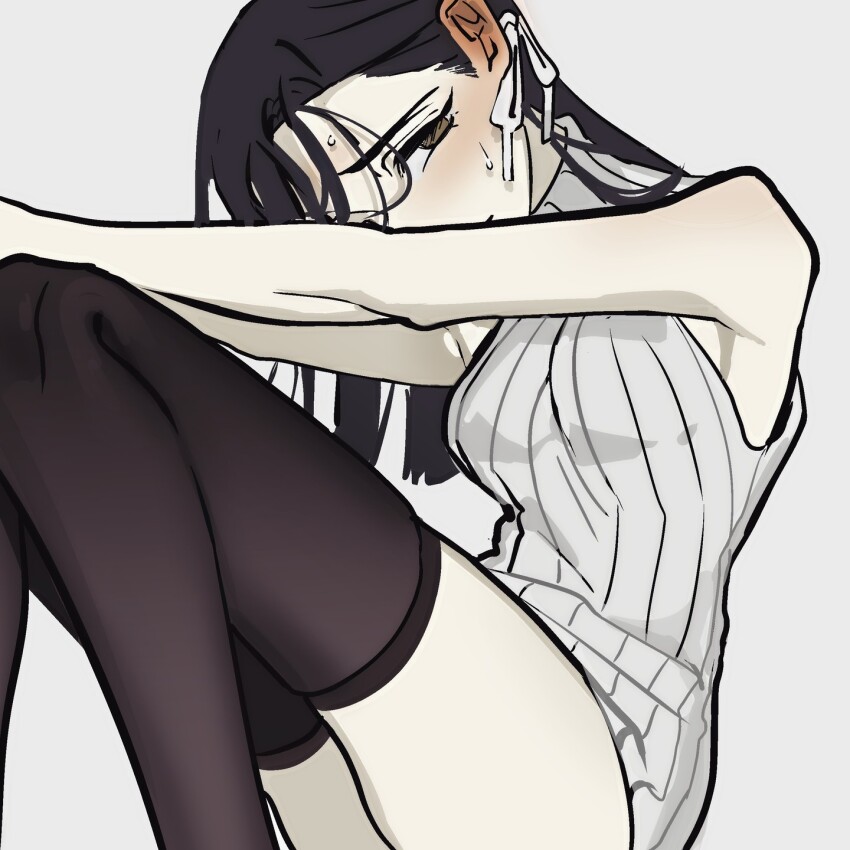 1girl black_hair black_thighhighs brown_eyes hair_ribbon head_tilt highres knees_up long_hair looking_at_viewer original ribbon simple_background sitting sleeveless sleeveless_sweater solo sweater thighhighs thighs vivinos white_background white_ribbon white_sweater