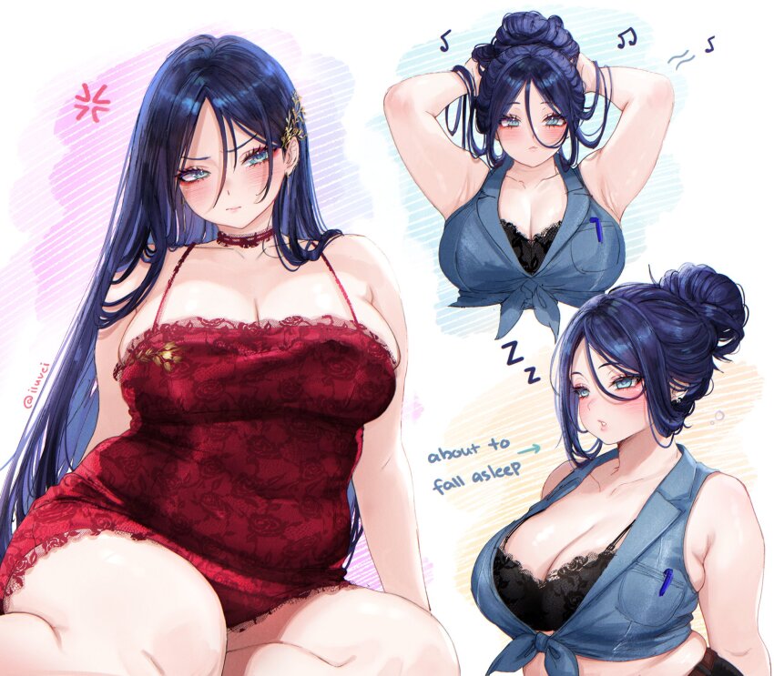 1girl anger_vein arm_support armpits arms_up arrow_(symbol) beamed_eighth_notes black_bra blue_eyes blue_hair blue_shirt blush bra breast_pocket breasts choker cleavage closed_mouth commentary crop_top cropped_torso eighth_note english_commentary english_text hair_between_eyes hair_bun hair_ornament hands_in_hair highres holding holding_own_hair lace lace-trimmed_bra lace_trim large_breasts long_hair looking_at_viewer multiple_views musical_note nightgown original parted_bangs plump pocket red_choker red_nightgown shirt single_hair_bun sitting sleepwear sleepy sleeveless sleeveless_shirt squeans teeth thick_arms tied_shirt tifa_(iluvei) twitter_username underwear upper_body very_long_hair yokozuwari zzz