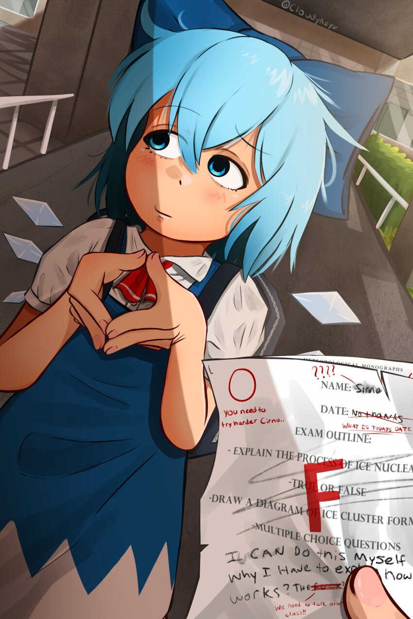 1girl absurdres academic_test averting_eyes blue_bow blue_dress blue_eyes blue_hair bow cirno cloudykeyz commentary dress english_commentary english_text hair_bow highres ice ice_wings pov short_hair solo test_score touhou wings