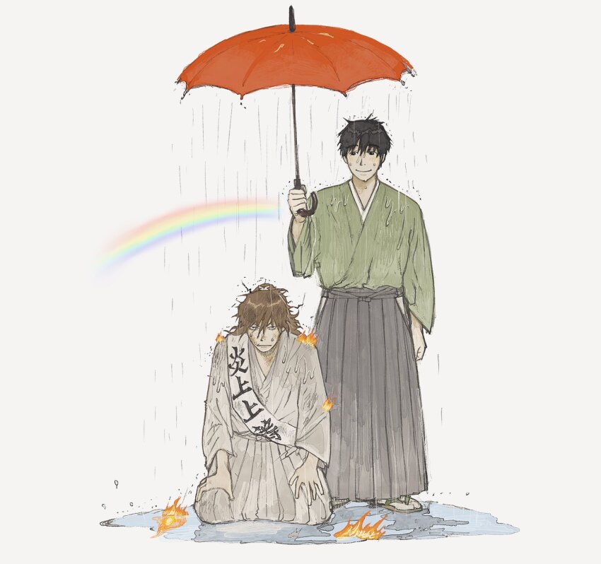 2boys behind_another black_eyes black_hair black_skirt blush brown_hair burning_clothes burnt burnt_hair closed_mouth commentary fire full_body glaring green_kimono grey_background hakama hakama_skirt hand_up hands_on_own_thighs highres holding holding_umbrella inverted_rain japanese_clothes kimono long_hair looking_at_another looking_at_viewer male_focus messy_hair multiple_boys original ponytail puddle q-gou_(no_nine_84) rain rainbow sakamoto_ryouma_(bakumatsu_shishi_channel) sandals sash seiza shared_umbrella short_hair shoulder_sash sitting skirt smile standing symbol-only_commentary tabi takamori_saigou_(bakumatsu_shishi_channel) translation_request umbrella v-shaped_eyebrows wet wet_clothes white_kimono white_sash wide_sleeves zouri