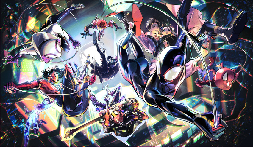 3girls 6+boys animification ass black_cape black_footwear black_hair black_pants blue_eyes brown_hair cape character_request chinese_commentary city collared_cape commentary_request dqianshu falling glitch gloves green_eyes high_collar highres holding holding_string hood hood_up hoodie marvel mecha multiple_boys multiple_girls night open_mouth outdoors pants peter_parker pig pink_gloves red_cape robot shirt shoes short_hair smile sneakers socks sp//dr spider-gwen spider-ham spider-man spider-man:_across_the_spider-verse spider-man_(miles_morales) spider-man_(series) spider-man_noir spider-verse string superhero_costume teeth upper_teeth_only white_footwear white_hoodie white_shirt white_socks