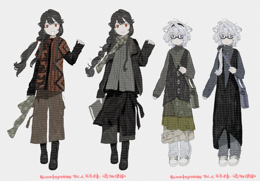 2girls absurdres animal_ears black_hair braid brown_pants cat_ears cat_girl fashion full_body green_scarf grey_hair highres low_twintails ma_fu multiple_girls multiple_views original overskirt pants purple_eyes red_eyes scarf shoes short_hair sneakers twintails vest wolf_cut wrap_skirt