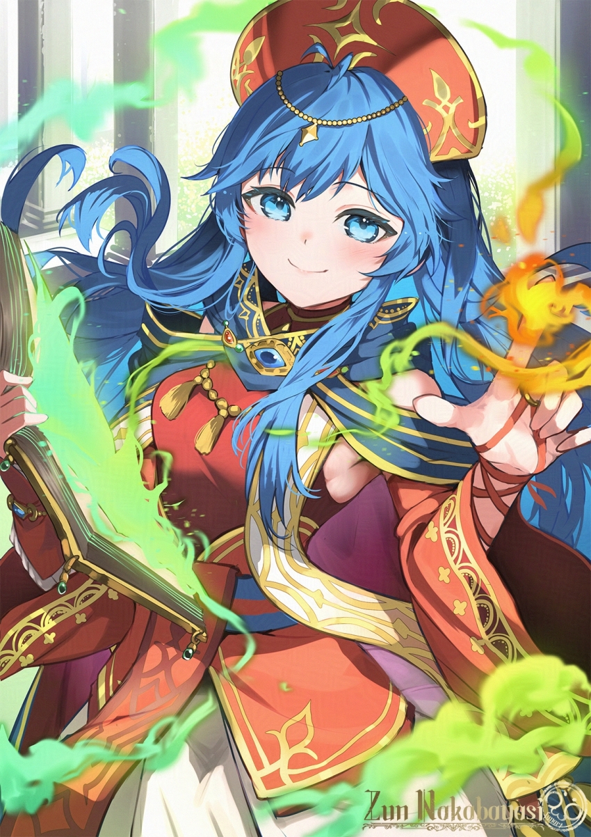 1girl aqua_eyes artist_name blue_cape blue_hair blush book cape closed_mouth commentary_request detached_sleeves dress fire fire_emblem fire_emblem:_the_binding_blade fire_emblem_heroes floating_hair gold_trim grimoire hat highres holding holding_book lilina_(brilliant_flame)_(fire_emblem) lilina_(fire_emblem) long_hair looking_at_viewer magic nakabayashi_zun nintendo official_alternate_costume open_book red_dress red_hat smile solo very_long_hair