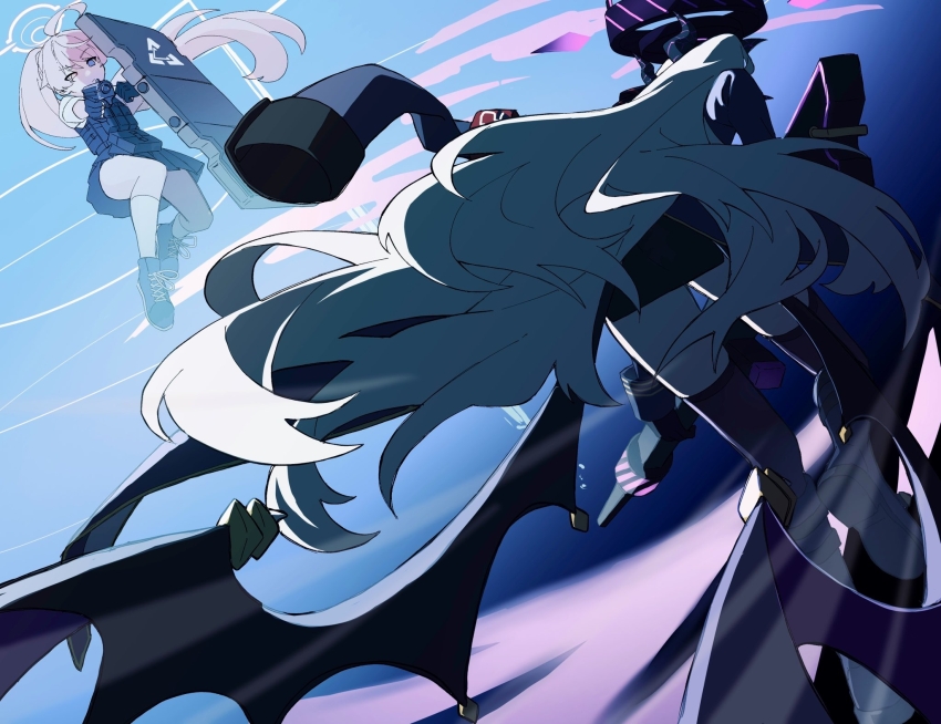 2girls ahoge armband back battle black_coat black_thighhighs blue_archive coat coat_on_shoulders demon_girl demon_horns demon_wings flying gun halo heterochromia highres hina_(blue_archive) holding holding_gun holding_shield holding_weapon horns hoshino_(blue_archive) long_hair machine_gun mg42 multiple_girls outdoors pink_hair pink_halo ponytail purple_eyes red_armband shield tansei_tokui thighhighs weapon white_hair wings