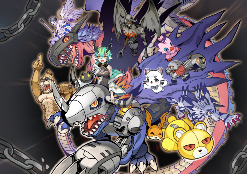 absurdres angel angel_boy angemon botamon breasts claws currynoodle_art cyborg devimon digimon digimon_(creature) digimon_world dragon etemon garurumon happy highres horns ichiroku_(vtuber) medium_breasts megadramon metalgreymon_(virus) metalmamemon monzaemon parody patamon piyomon sharp_teeth smile teeth virtual_youtuber wings