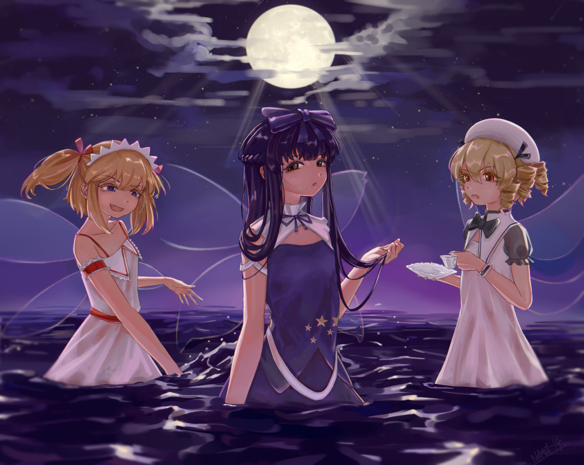 absurdres black_hair blonde_hair bow braid breasts cloud commentary_request cowboy_shot cup dress drill_hair drill_sidelocks fairy_wings flat_chest full_moon hair_bow half_up_braid hat highres holding holding_cup holding_saucer long_hair looking_at_viewer luna_child moon nari-14 neck_ribbon night open_mouth partially_submerged puffy_short_sleeves puffy_sleeves purple_bow purple_ribbon purple_shirt purple_skirt purple_sky red_bow red_eyes ribbon saucer shirt short_sleeves sidelocks skirt skirt_set sky sleeveless sleeveless_shirt small_breasts star_(sky) star_(symbol) star_print star_sapphire starry_sky sunny_milk teacup touhou twintails water white_dress white_hat wings