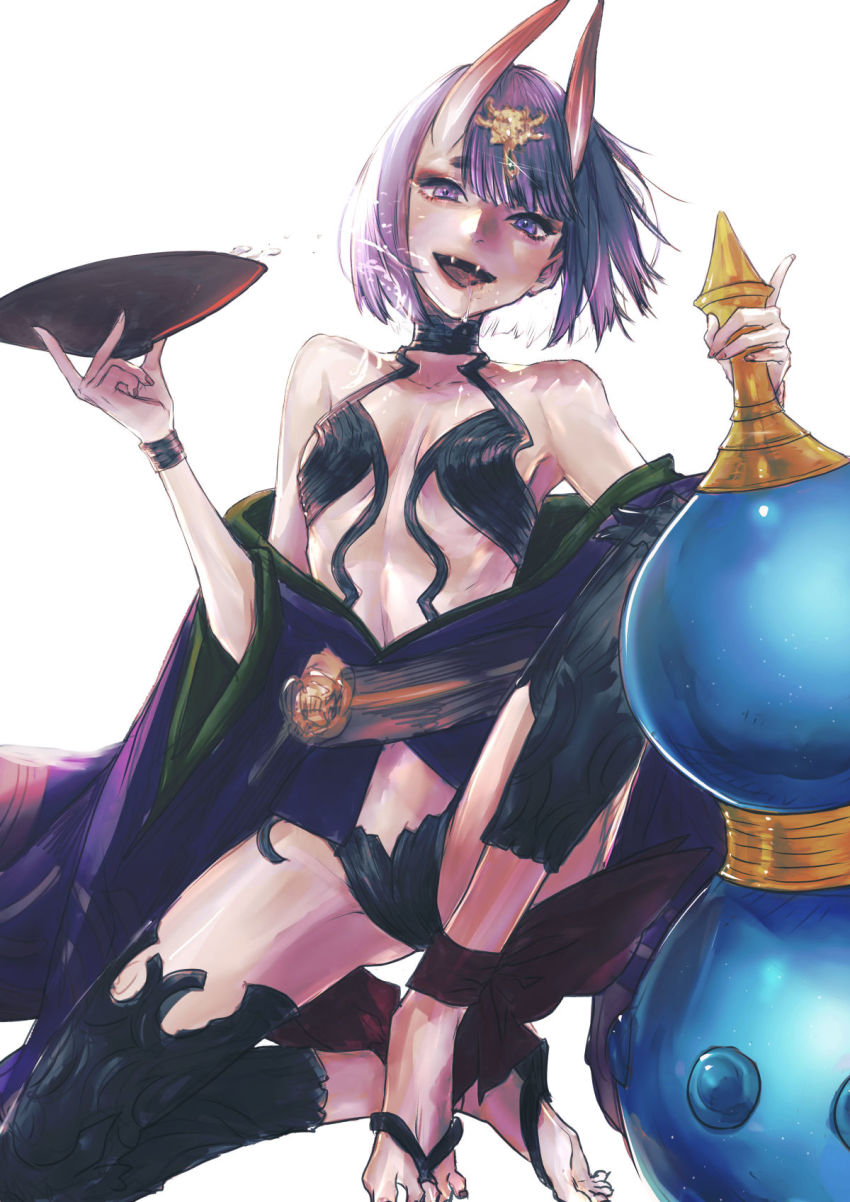 1girl alcohol bare_shoulders bracelet collarbone cup eyeshadow fangs fate/grand_order fate_(series) fingernails glint gourd highres holding holding_cup holding_gourd horns jewelry long_fingernails makeup medium_hair nail_polish noie_(neunteedelstein) oni open_mouth pink_nails purple_eyes purple_hair red_eyeshadow red_horns sakazuki sake short_eyebrows shuten_douji_(onmyoji) simple_background skin-covered_horns solo toenail_polish toenails tongue white_background