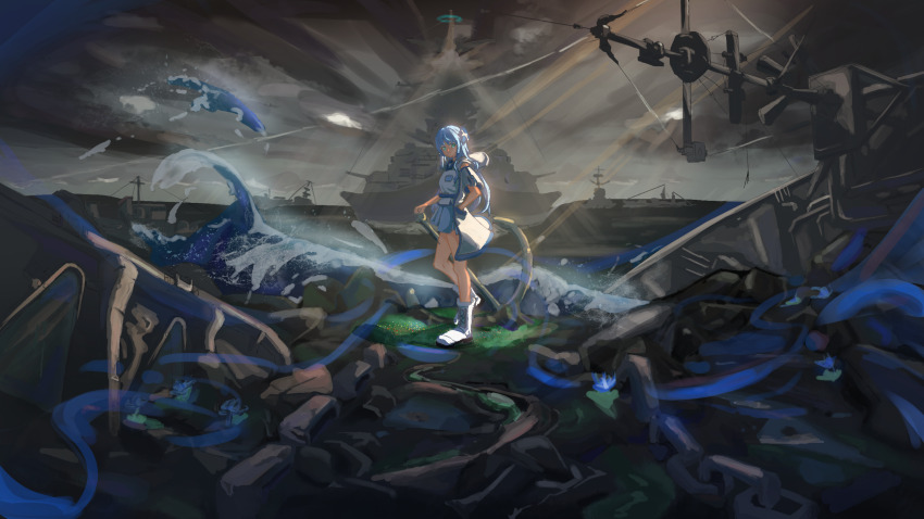1girl aoki_hagane_no_arpeggio battleship blue_eyes blue_hair blue_shirt blue_skirt boots chain cloud dark_clouds fashi_laizi_weilai hand_on_own_hip heel_up highres iona_(aoki_hagane_no_arpeggio) long_hair looking_at_viewer mast military_vehicle ship shirt skirt solo warship watercraft waves wreckage