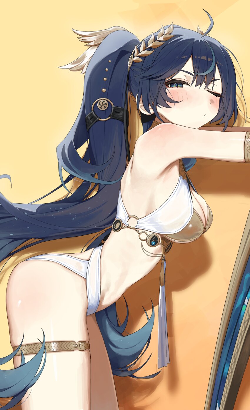 1girl absurdres ahoge bare_shoulders blue_eyes blue_hair blush breasts cleavage closed_mouth commentary from_side gold_bra highres iuno_(wuthering_waves) jewelry laurel_crown leaning_forward long_hair looking_at_viewer looking_to_the_side medium_breasts multicolored_hair one_eye_closed outstretched_arms solo streaked_hair syhan symbol-only_commentary thighlet thighs twintails wuthering_waves