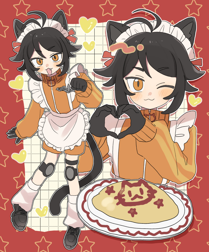 1boy :3 ;3 absurdres animal_ears antenna_hair apron bird black_footwear black_gloves black_hair black_tail border borrowed_character cat_boy cat_ears commission crossdressing double-parted_bangs fang flipped_hair food frilled_apron frills gloves grid_background hands_up heart highres jacket jersey_maid knee_pads leg_warmers maid maid_headdress male_focus multiple_views omelet omurice one_eye_closed orange_eyes orange_jacket orange_shorts original outline pigeon pnt_0202 red_border second-party_source shoes short_hair shorts sidelocks skeb_commission sneakers standing standing_on_one_leg star_(symbol) star_border unconventional_maid white_apron white_leg_warmers white_outline zipper_pull_tab