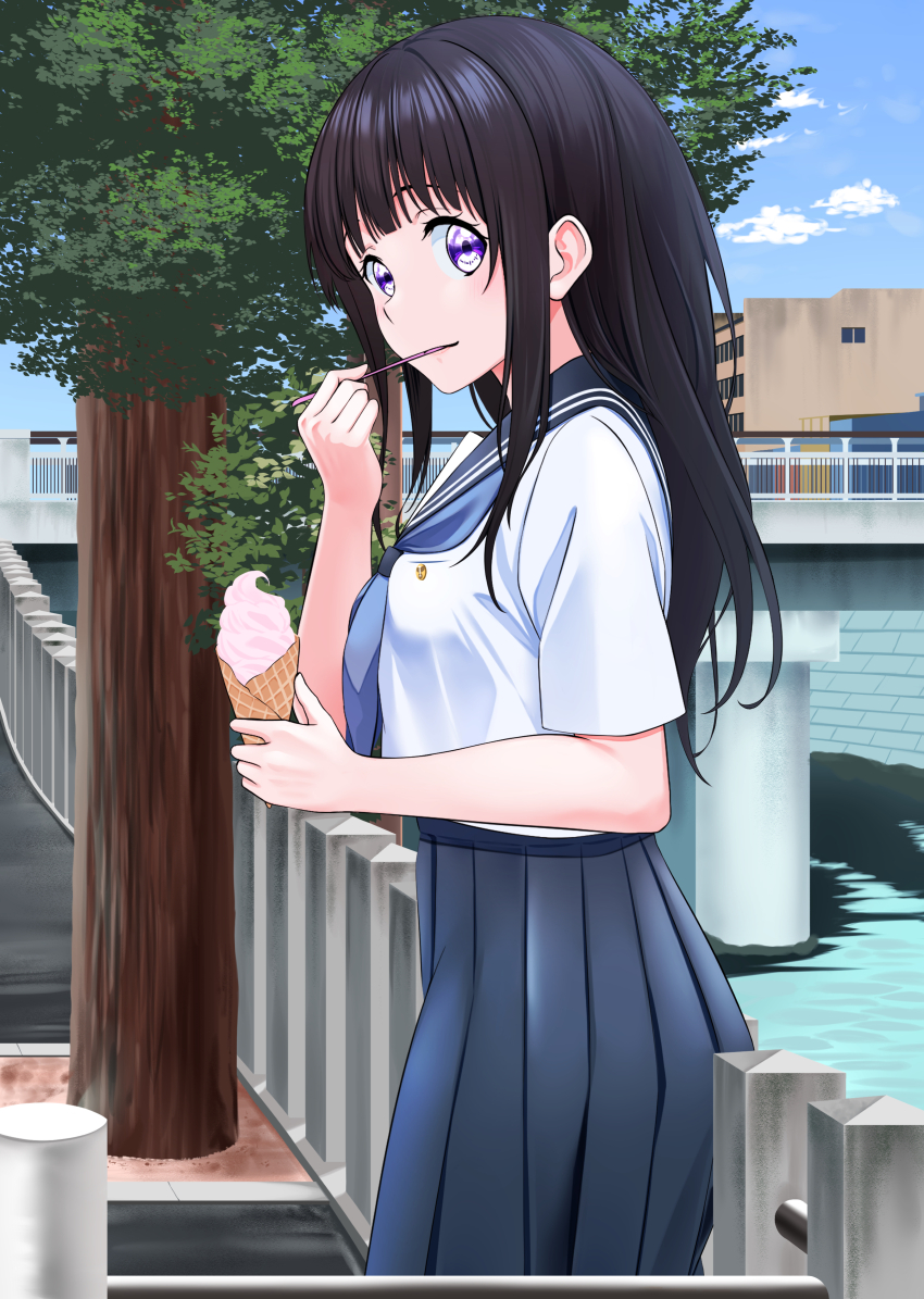 1girl absurdres black_hair black_sailor_collar black_skirt blue_neckerchief blue_sky bridge chitanda_eru cloud commentary cowboy_shot day food highres hyouka ice_cream kamiyama_high_school_uniform_(hyouka) long_hair myjiq neckerchief outdoors pleated_skirt purple_eyes railing river sailor_collar school_uniform short_sleeves skirt sky solo tree utensil_in_mouth water