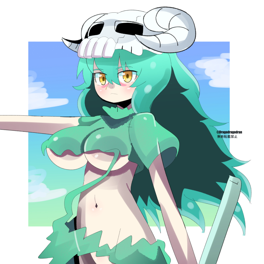 1girl arrancar artist_name bleach border breasts cloud dragodragodran facial_mark green_hair highres holding holding_sword holding_weapon japanese_text large_breasts long_hair looking_at_viewer mask mask_on_head midriff navel nelliel_tu_odelschwanck no_panties revealing_clothes skull_on_head sky solo sword torn_clothes underboob weapon white_border yellow_eyes