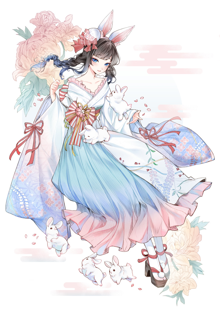 1girl absurdres animal animal_ears animal_on_lap black_hair blue_eyes blue_hair braid carrot_(robosquat) chinese_zodiac collarbone floating_hair flower frilled_kimono frills gradient_clothes gradient_hair gradient_skirt highres japanese_clothes kimono long_skirt multicolored_hair nadeshiko_(carrot_robosquat) new_year obi on_lap original petals pleated_skirt rabbit rabbit_ears sash sidelocks skirt twin_braids wide_sleeves year_of_the_rabbit