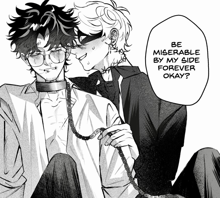 black_hair blush chain chain_leash collar collared_shirt crying crying_with_eyes_open frown glasses greyscale highres holding holding_leash leash male_focus monochrome octopus_19 original scar screentones shirt sitting smile snot speech_bubble sweat tears yaoi
