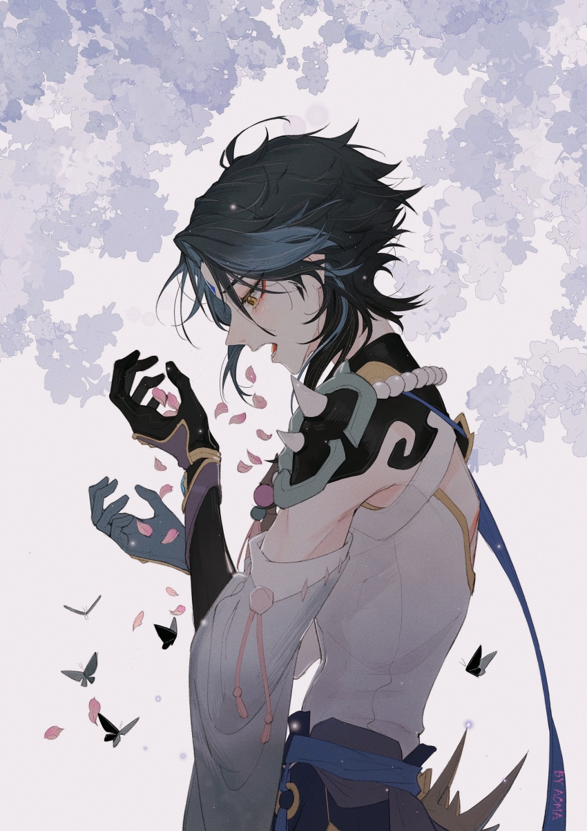 1boy absurdres aoma_(xuanzexuexi) artist_name asymmetrical_clothes asymmetrical_gloves bead_necklace beads black_gloves blue_gloves branch bug butterfly chinese_commentary commentary_request coughing_flowers crying detached_sleeves eyelashes eyeshadow facial_mark falling_petals forehead_mark genshin_impact gloves green_hair hands_up highres insect jewelry light_particles long_sleeves looking_at_viewer makeup male_focus mismatched_gloves multicolored_hair necklace open_mouth parted_bangs petals profile red_eyeshadow ribbon shirt short_hair short_hair_with_long_locks shoulder_spikes sidelocks single_detached_sleeve solo spikes streaked_hair tears teeth tongue upper_body white_shirt wide_sleeves xiao_(genshin_impact) yellow_eyes