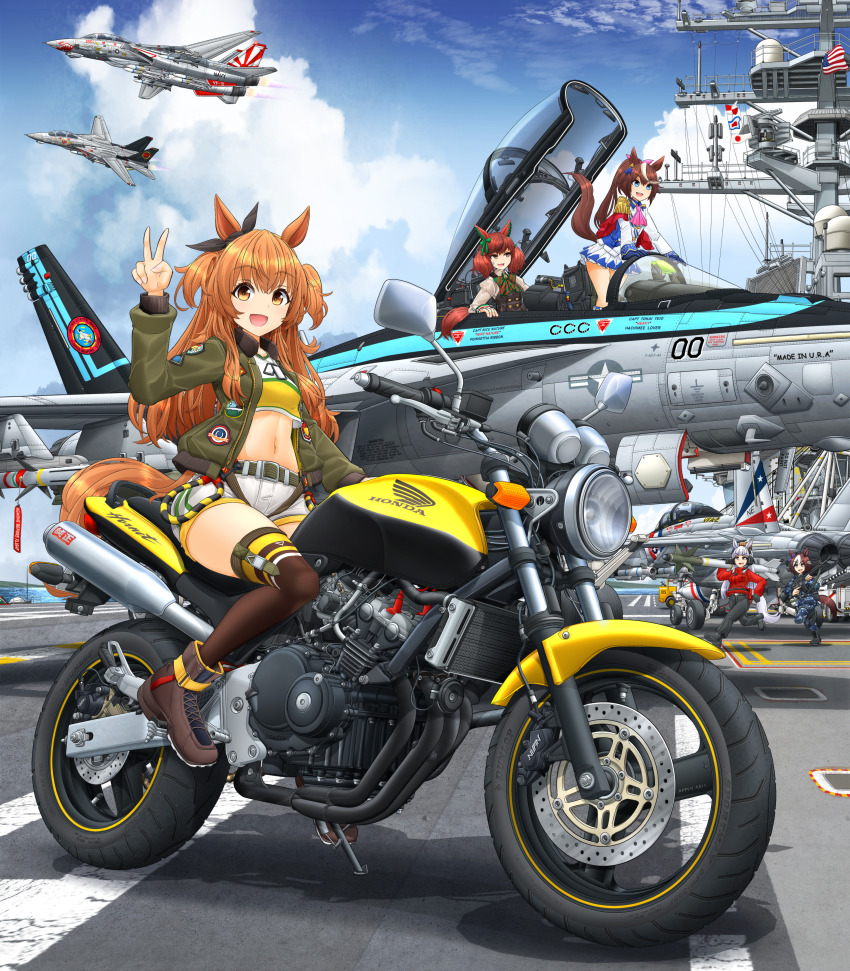 5girls absurdres aim-54_phoenix aim-7_sparrow aim-9_sidewinder air-to-air_missile aircraft aircraft_carrier airplane assault_rifle blue_eyes boots brown_eyes brown_hair camouflage camouflage_jacket camouflage_pants commentary_request f-14_tomcat f-18_hornet fighter_jet flag gold_ship_(umamusume) gun highres holding holding_gun holding_missile holding_weapon honda horse_girl jacket m16 m16a2 mayano_top_gun_(umamusume) midriff mikeran_(mikelan) military_vehicle missile motor_vehicle motorcycle multiple_girls nice_nature_(umamusume) orange_hair pants ponytail red_hair rifle ship special_week_(umamusume) tokai_teio_(umamusume) twintails umamusume v warship watercraft weapon white_hair