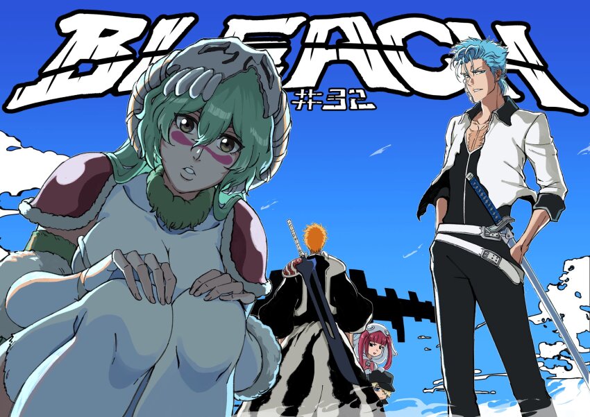2girls 3boys arrancar bleach bleach:_sennen_kessen-hen breasts dokugamine_riruka green_hair grimmjow_jaegerjaquez highres kurosaki_ichigo large_breasts long_hair multiple_boys multiple_girls nelliel_tu_odelschwanck red_hair shaolong twintails