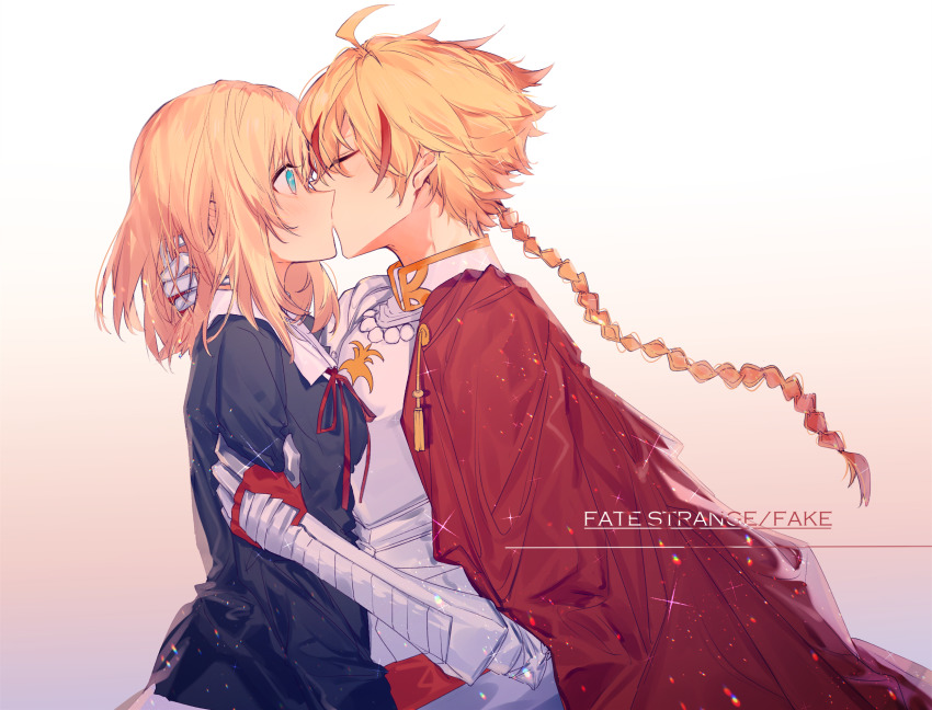 1boy 1girl armor blonde_hair blue_eyes braid breastplate cape closed_eyes copyright_name cowboy_shot fate/strange_fake fate_(series) from_side gauntlets hand_in_another&#039;s_hair hetero highres kiss long_braid red_cape richard_i_(fate) sajou_ayaka_(fate/prototype) sajou_ayaka_(fate/strange_fake) school_uniform tian_yuannan white_background
