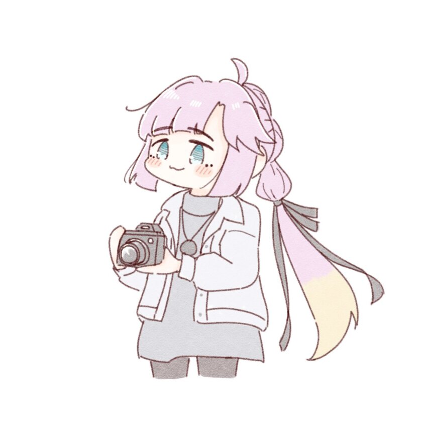 1girl :3 ahoge amano_tatsu anyoji_hime anyoji_hime_(winter_casual) black_ribbon blonde_hair blue_eyes blunt_bangs blush camera closed_mouth collared_jacket cropped_legs deformed dress gradient_hair grey_dress grey_sweater hair_ribbon highres holding holding_camera jacket jewelry link!_like!_love_live! long_hair long_sleeves love_live! multi-tied_hair multicolored_hair necklace official_alternate_costume open_clothes open_jacket pink_hair ponytail ribbon short_dress sidelocks simple_background smile solo sweater sweater_dress swept_bangs turtleneck turtleneck_dress turtleneck_sweater very_long_hair virtual_youtuber white_background white_jacket