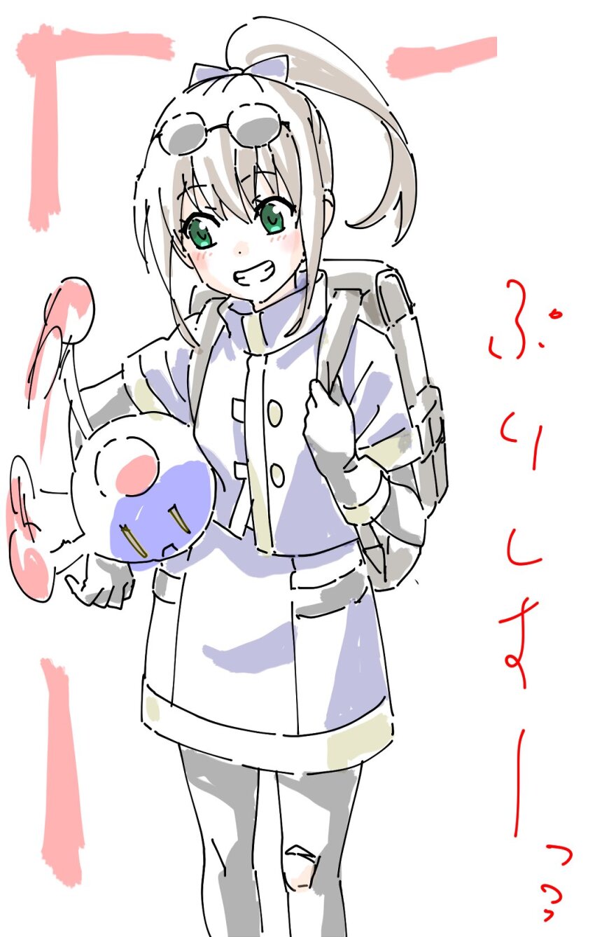 1girl brown_hair eyewear_on_head gloves green_eyes highres long_hair pantyhose ponytail precis_neumann robot simple_background skirt smile solo star_ocean star_ocean_the_second_story tenorikokko torn_clothes torn_pantyhose white_background