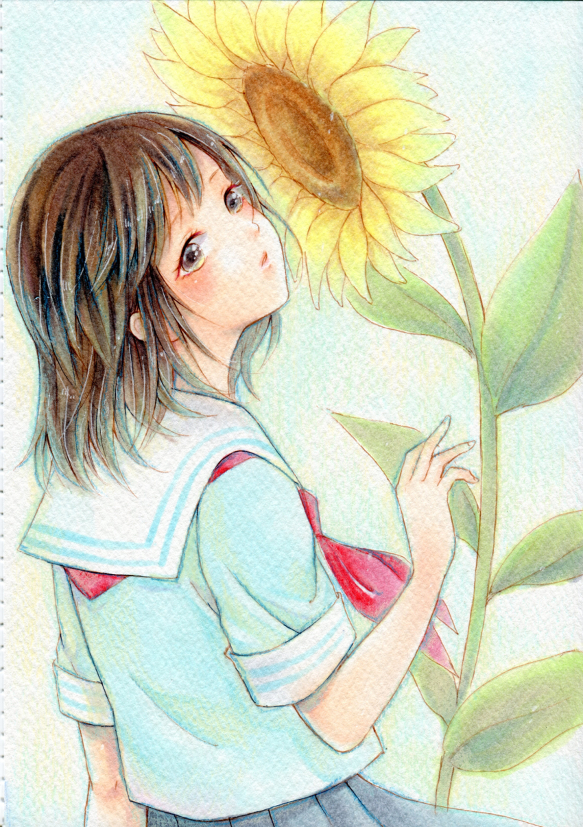 1girl amu_(m_aa) black_eyes black_hair black_skirt commentary_request flower highres medium_hair neckerchief original painting_(medium) parted_lips pleated_skirt red_neckerchief sailor_collar sailor_shirt school_uniform serafuku shirt short_sleeves skirt solo sunflower traditional_media upper_body watercolor_(medium) white_shirt yellow_flower