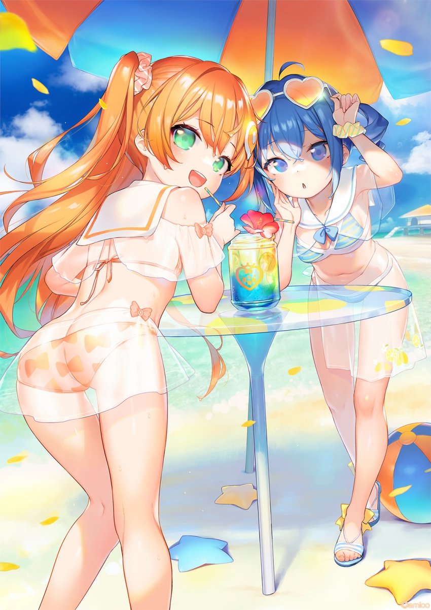 2girls :d ahoge amiami_(company) amico arm_up ass ball beach beach_umbrella beachball bikini blue_eyes blue_hair blue_sky blush breasts cloud cloudy_sky collarbone commentary_request crossed_bangs detached_collar drinking_straw eyelashes eyewear_on_head feet_out_of_frame female_focus from_behind full_body green_eyes hair_ornament hair_scrunchie henreader highres kneepits leaning_forward legs lilco logo_hair_ornament long_hair looking_at_viewer looking_back medium_breasts multiple_girls navel off-shoulder_bikini off_shoulder official_art open_mouth orange_hair outdoors print_bikini sailor_collar sandals scrunchie see-through_clothes shiny_skin sidelocks sky smile starfish striped_bikini striped_clothes swimsuit table teeth thighs third-party_source toes twintails two_side_up umbrella upper_teeth_only water