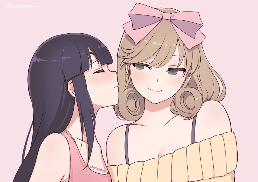 2girls black_hair blush bow brown_hair closed_eyes commentary_request curly_hair green_eyes hair_bow haruka_(senran_kagura) highres large_bow lemonrou long_hair looking_at_another medium_hair mirai_(senran_kagura) multiple_girls off-shoulder_sweater off_shoulder pink_bow pink_shirt puckered_lips senran_kagura shirt smile sweater yellow_sweater yuri