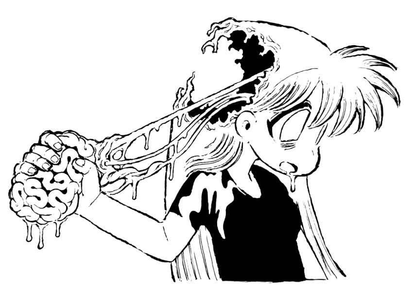 15ooo 1girl bags_under_eyes blood brain eyelashes fingernails guro highres long_hair open_mouth original shirt solo t-shirt