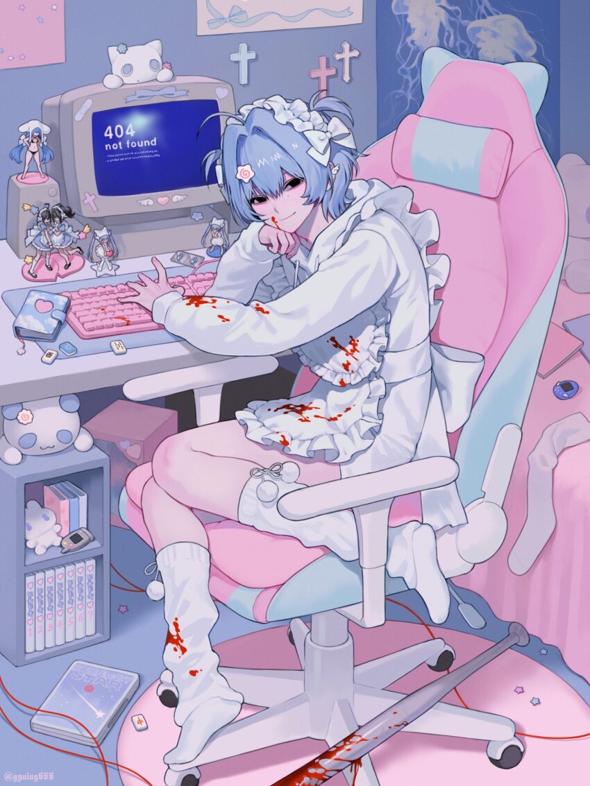 1girl 404 aegyo_sal ahoge apron at_computer bandaid_on_object baseball_bat black_eyes blister_pack blood blood_on_clothes blood_on_face bloody_weapon blue_hair book cellphone chair closed_mouth computer_keyboard cross crt ear_piercing figure flip_phone frilled_apron frills full_body gaming_chair gyuing666 hair_intakes hair_ornament head_rest highres hood hood_down hoodie http_status_code indoors latin_cross long_sleeves looking_at_viewer mahjong mahjong_tile maid_headdress no_shoes notebook on_chair original phone piercing pill pom_pom_(clothes) short_hair sitting smile socks solo sticker stuffed_toy swivel_chair two_side_up weapon white_apron white_hoodie white_socks