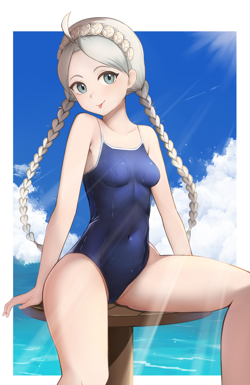 1girl ahoge alternate_costume bare_shoulders blue_eyes blue_one-piece_swimsuit blue_sky braid breasts cloud cloudy_sky commission commissioner_upload fire_emblem fire_emblem_fates grey_hair hairband highres long_hair low_twin_braids medium_breasts nina_(fire_emblem) nintendo noa_brando non-web_source ocean one-piece_swimsuit outdoors parted_bangs school_swimsuit skeb_commission sky sunlight swimsuit table twin_braids water wooden_table