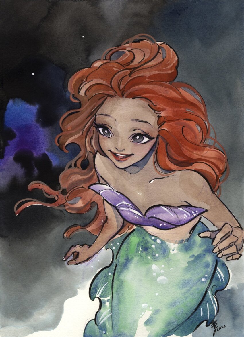 1girl ariel_(disney) bare_shoulders bikini bikini_top_only bright_pupils collarbone dark-skinned_female dark_skin flat_chest floating_hair highres long_hair mermaid monster_girl open_hand open_mouth peach_momoko purple_bikini red_hair smile solo strapless strapless_bikini swimsuit the_little_mermaid_(2023) the_little_mermaid_(disney) very_long_hair white_pupils