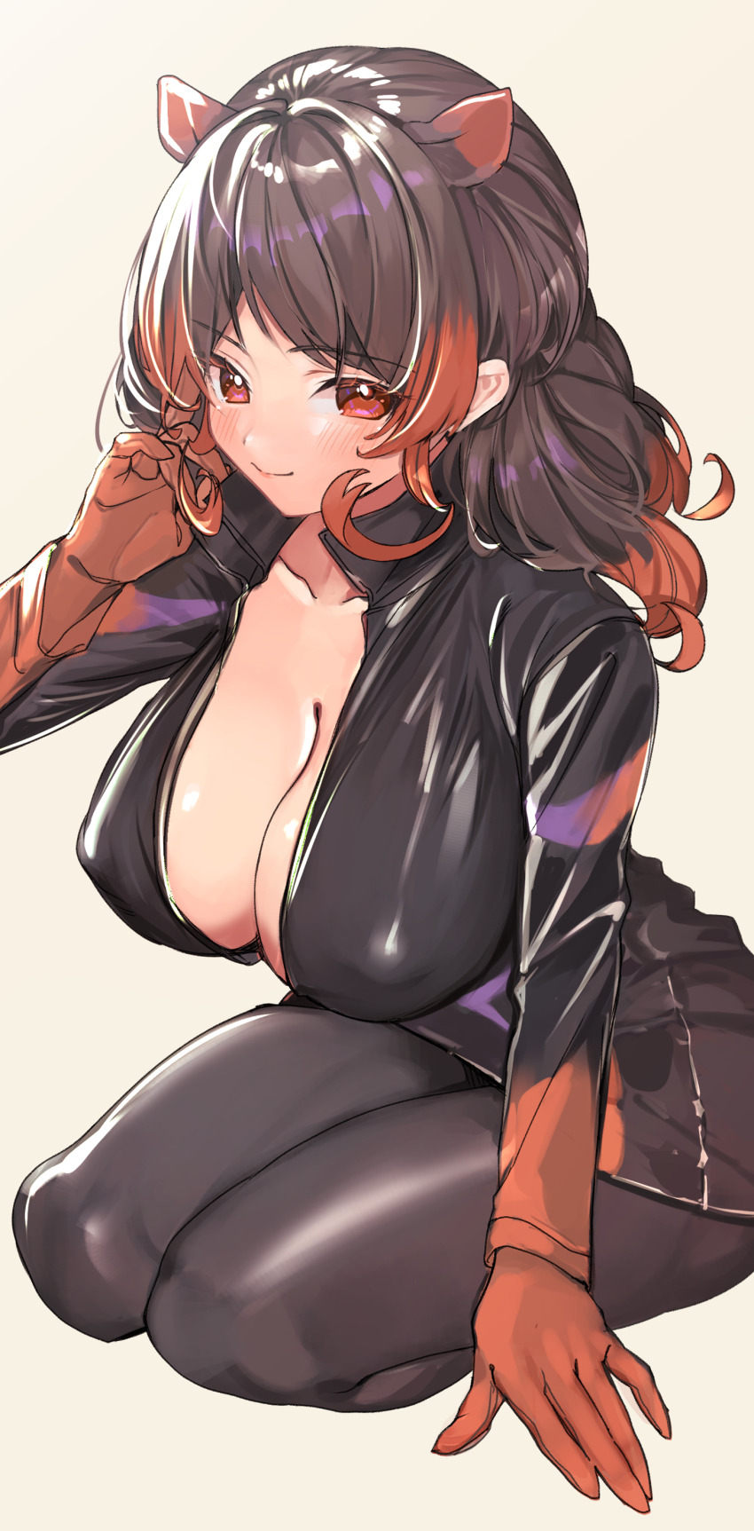 1girl a888_n22 absurdres animal_ears black_hair breasts closed_mouth collared_jacket covered_erect_nipples extra_ears gloves grey_background hand_up highres hippopotamus_(kemono_friends) hippopotamus_ears jacket kemono_friends large_breasts leaning_forward long_hair long_sleeves looking_at_viewer multicolored_hair pants parted_bangs playing_with_own_hair red_eyes red_hair shiny_clothes simple_background sitting smile solo three_quarter_view two-tone_hair