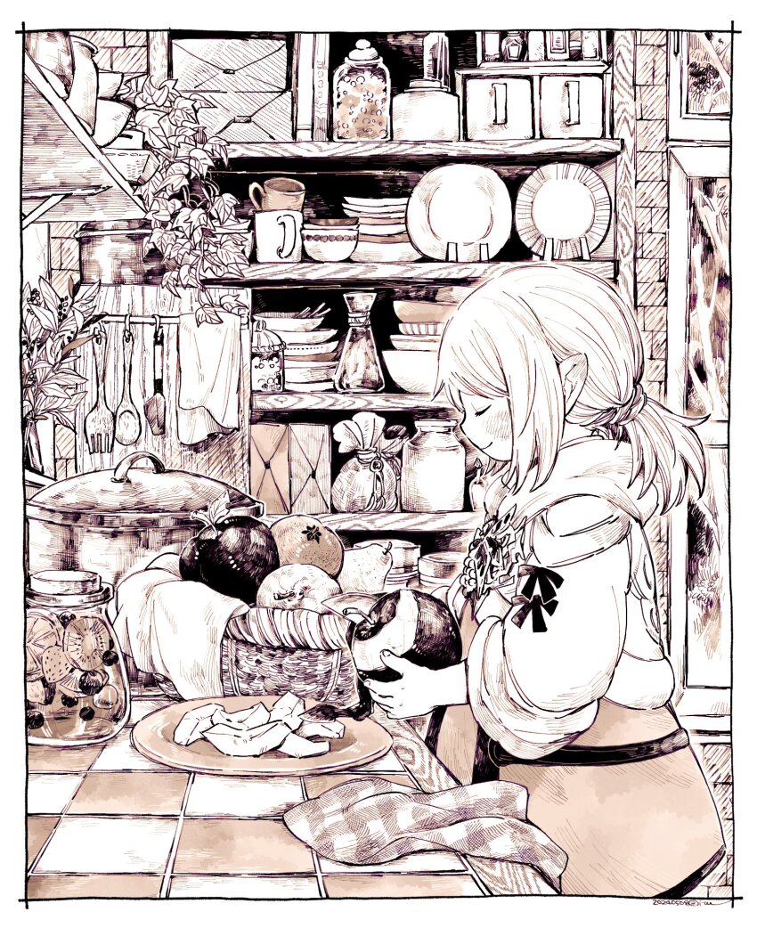 1girl apple apple_slice basket border closed_eyes cooking_pot cowboy_shot cropped_jacket cup final_fantasy final_fantasy_xiv food from_side fruit fur-trimmed_jacket fur_trim hatching_(texture) herb highres holding holding_food holding_fruit holding_knife indoors itowo_(itowc) jacket jar knife lalafell leaf low_ponytail medium_hair monochrome mug orange_skirt peeling plate pointy_ears ponytail profile sepia shelf short_ponytail signature skirt smile solo standing table warrior_of_light_(ff14) white_border white_hair white_jacket