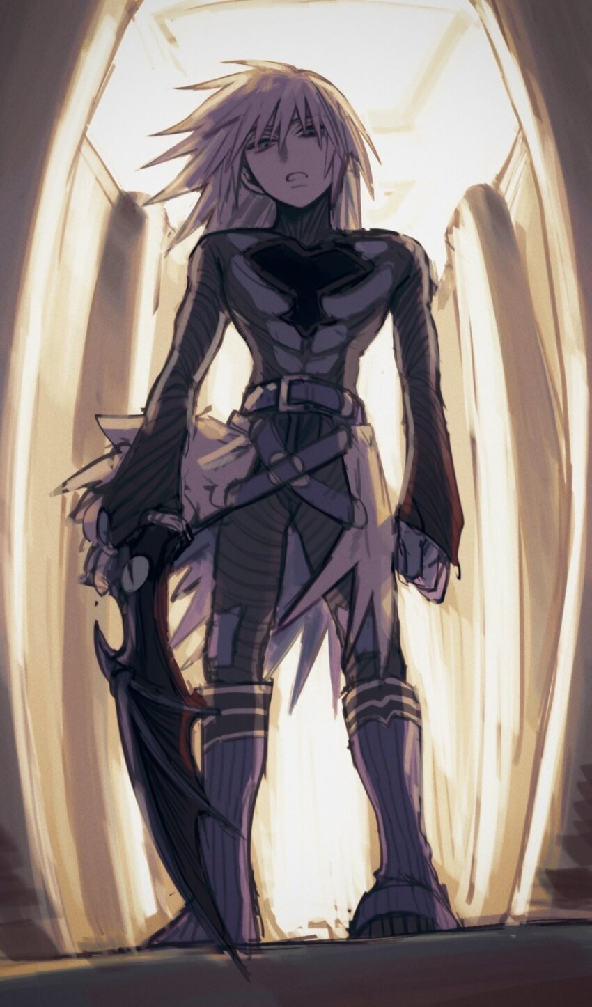 1boy belt blue_belt blue_eyes bodysuit boots column dutch_angle full_body highres holding holding_weapon indoors keyblade kingdom_hearts kingdom_hearts:_chain_of_memories knee_boots long_hair looking_down male_focus multiple_belts nishinsobha pillar riku_replica skin_tight solo waist_cape weapon white_hair