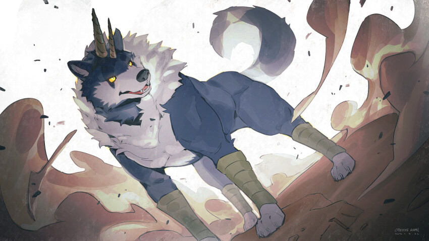 animal_focus canyne_khai colored_sclera dutch_angle fangs full_body horns looking_to_the_side no_humans ranga_(tensura) solo standing tail_raised tensei_shitara_slime_datta_ken wolf yellow_sclera