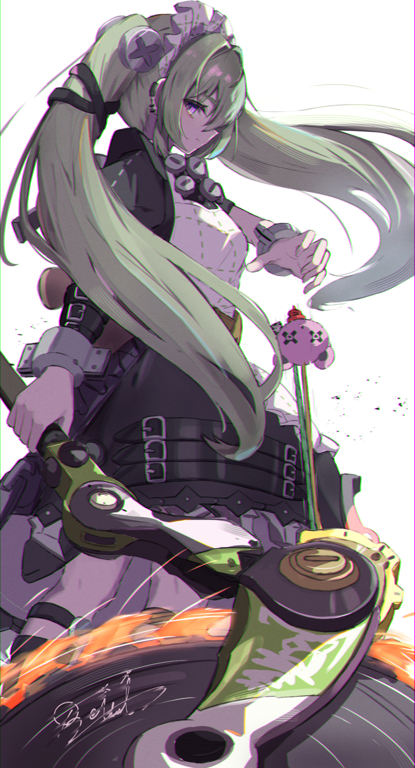1girl apron black_dress chromatic_aberration closed_mouth commentary_request corin_wickes dress highres holding holding_weapon long_hair looking_at_viewer maid maid_headdress reinoni solo twintails weapon white_apron white_background white_headdress yellow_eyes zenless_zone_zero