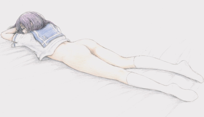 1girl absurdres ass bbmasa black_hair blue_sailor_collar bottomless closed_eyes commentary_request from_behind gradient_background hibike!_euphonium highres kitauji_high_school_uniform kneehighs liz_to_aoi_tori long_hair lying on_stomach sailor_collar school_uniform shirt short_sleeves sleeping socks solo summer_uniform traditional_media white_shirt white_socks yoroizuka_mizore